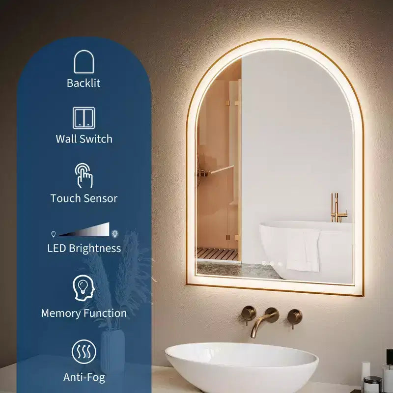 Espejo de baño arqueado dorado con LED, 24x32 pulgadas - iluminación frontal y trasera antivaho con función de memoria, 3 temperaturas de color, control táctil (dorado)