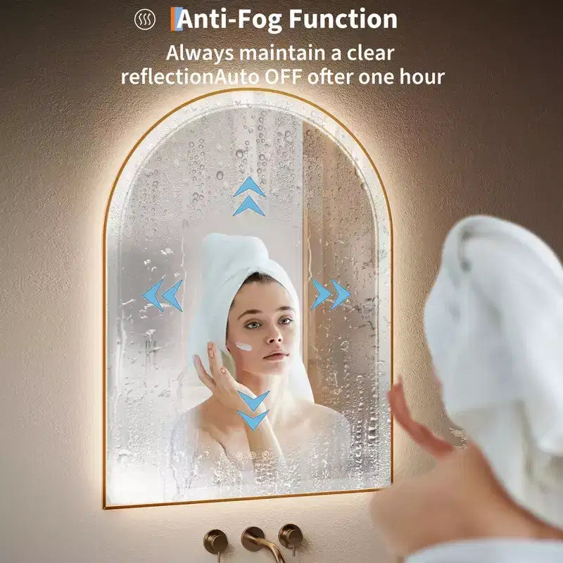 Espejo de baño arqueado dorado con LED, 24x32 pulgadas - iluminación frontal y trasera antivaho con función de memoria, 3 temperaturas de color, control táctil (dorado)