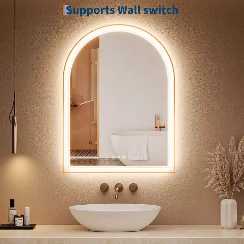 Espejo de baño arqueado dorado con LED, 24x32 pulgadas - iluminación frontal y trasera antivaho con función de memoria, 3 temperaturas de color, control táctil (dorado)
