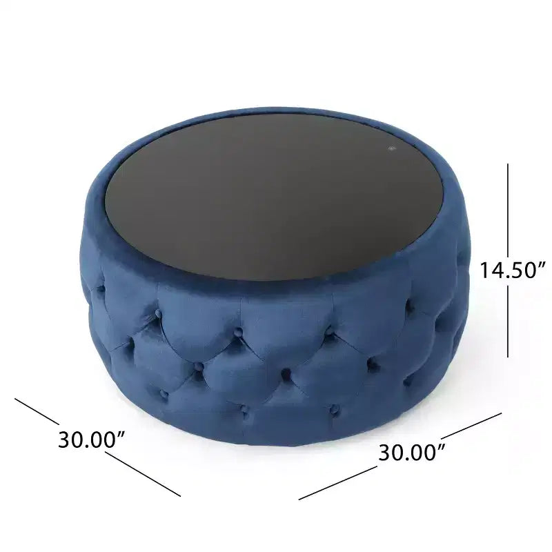 Moderner Hocker mit runder Glasplatte, samtbezogener Couchtisch mit Knopfheftung und Rautensteppung, Fußhocker für Wohnzimmer und Schlafzimmer