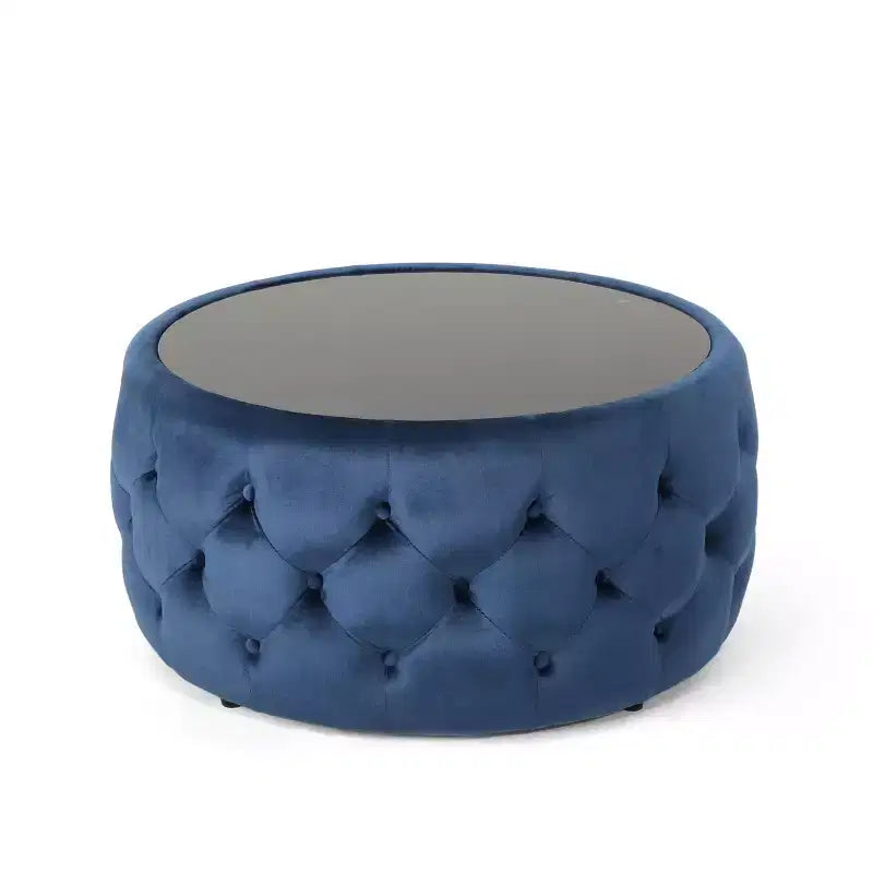Moderner Hocker mit runder Glasplatte, samtbezogener Couchtisch mit Knopfheftung und Rautensteppung, Fußhocker für Wohnzimmer und Schlafzimmer