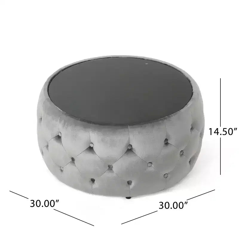Moderner Hocker mit runder Glasplatte, samtbezogener Couchtisch mit Knopfheftung und Rautensteppung, Fußhocker für Wohnzimmer und Schlafzimmer