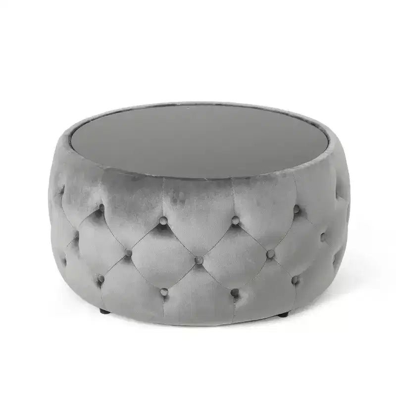 Moderner Hocker mit runder Glasplatte, samtbezogener Couchtisch mit Knopfheftung und Rautensteppung, Fußhocker für Wohnzimmer und Schlafzimmer