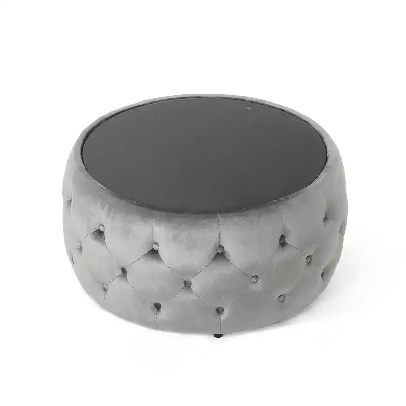 Moderner Hocker mit runder Glasplatte, samtbezogener Couchtisch mit Knopfheftung und Rautensteppung, Fußhocker für Wohnzimmer und Schlafzimmer