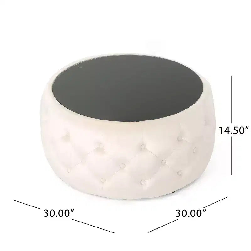 Moderner Hocker mit runder Glasplatte, samtbezogener Couchtisch mit Knopfheftung und Rautensteppung, Fußhocker für Wohnzimmer und Schlafzimmer
