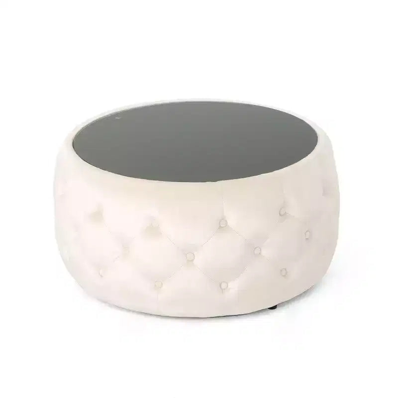 Moderner Hocker mit runder Glasplatte, samtbezogener Couchtisch mit Knopfheftung und Rautensteppung, Fußhocker für Wohnzimmer und Schlafzimmer