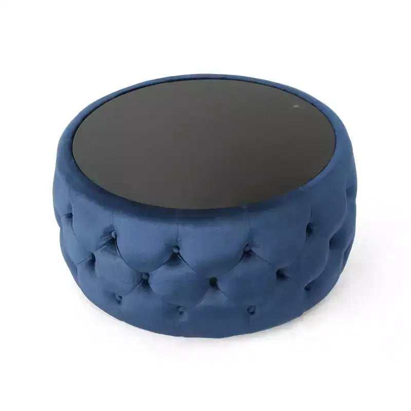 Moderner Hocker mit runder Glasplatte, samtbezogener Couchtisch mit Knopfheftung und Rautensteppung, Fußhocker für Wohnzimmer und Schlafzimmer