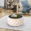 Moderner Hocker mit runder Glasplatte, samtbezogener Couchtisch mit Knopfheftung und Rautensteppung, Fußhocker für Wohnzimmer und Schlafzimmer