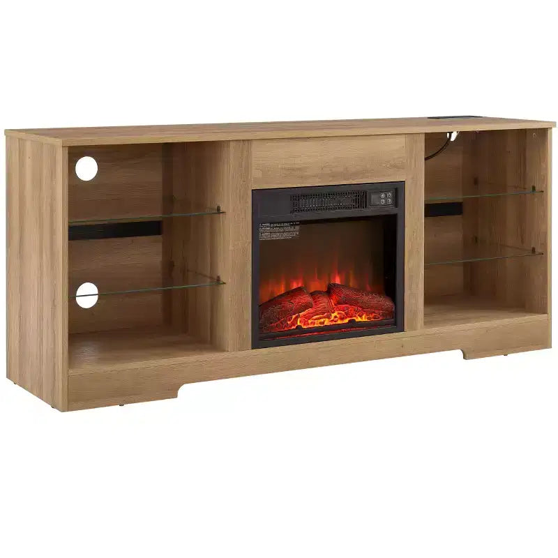 Mueble para TV con chimenea 3D y luces LED para televisores de hasta 60 pulgadas, toma de carga USB y estantes de vidrio