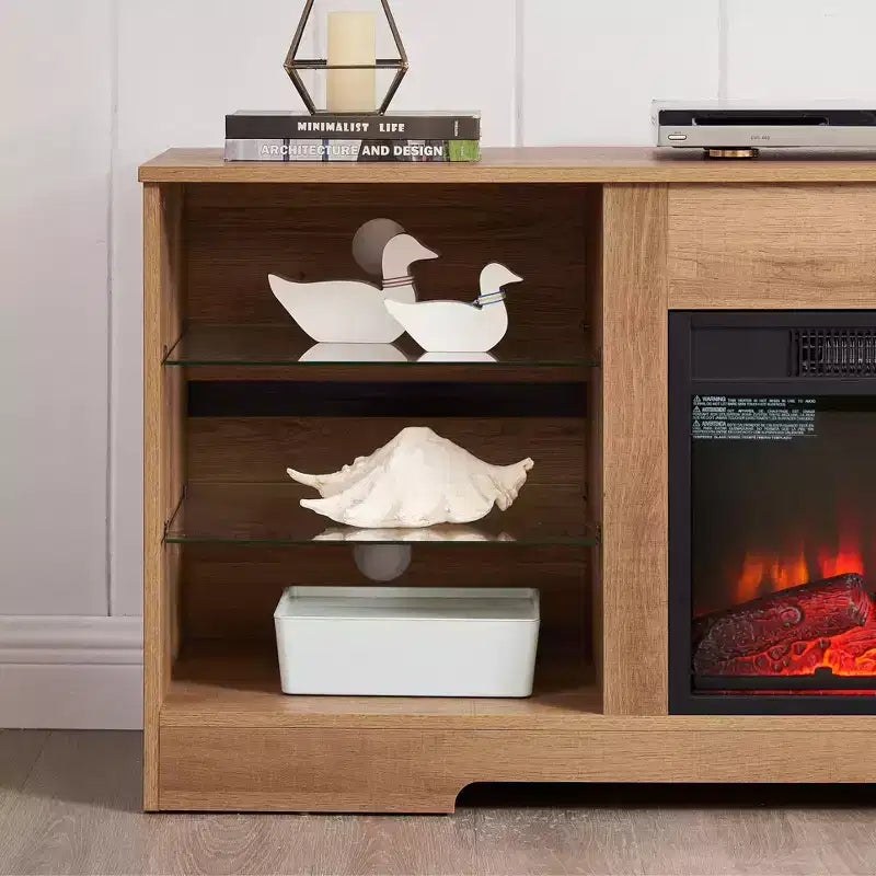 Mueble para TV con chimenea 3D y luces LED para televisores de hasta 60 pulgadas, toma de carga USB y estantes de vidrio