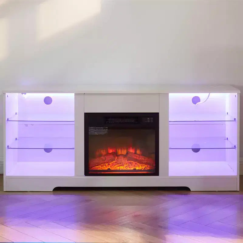 Mueble para TV con chimenea 3D y luces LED para televisores de hasta 60 pulgadas, toma de carga USB y estantes de vidrio