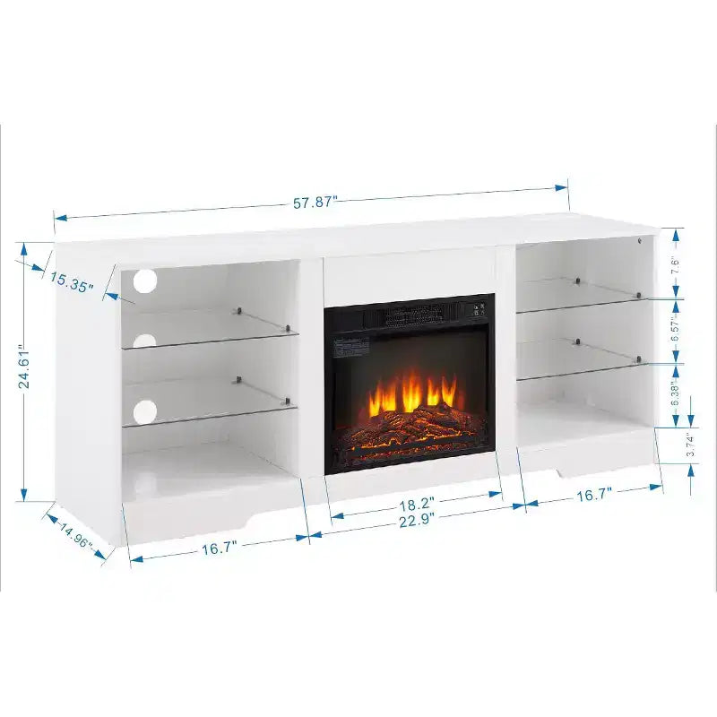 Mueble para TV con chimenea 3D y luces LED para televisores de hasta 60 pulgadas, toma de carga USB y estantes de vidrio