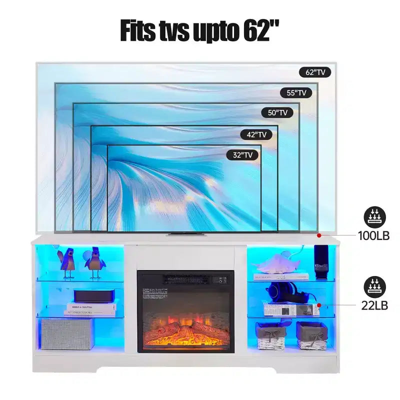 Mueble para TV con chimenea 3D y luces LED para televisores de hasta 60 pulgadas, toma de carga USB y estantes de vidrio