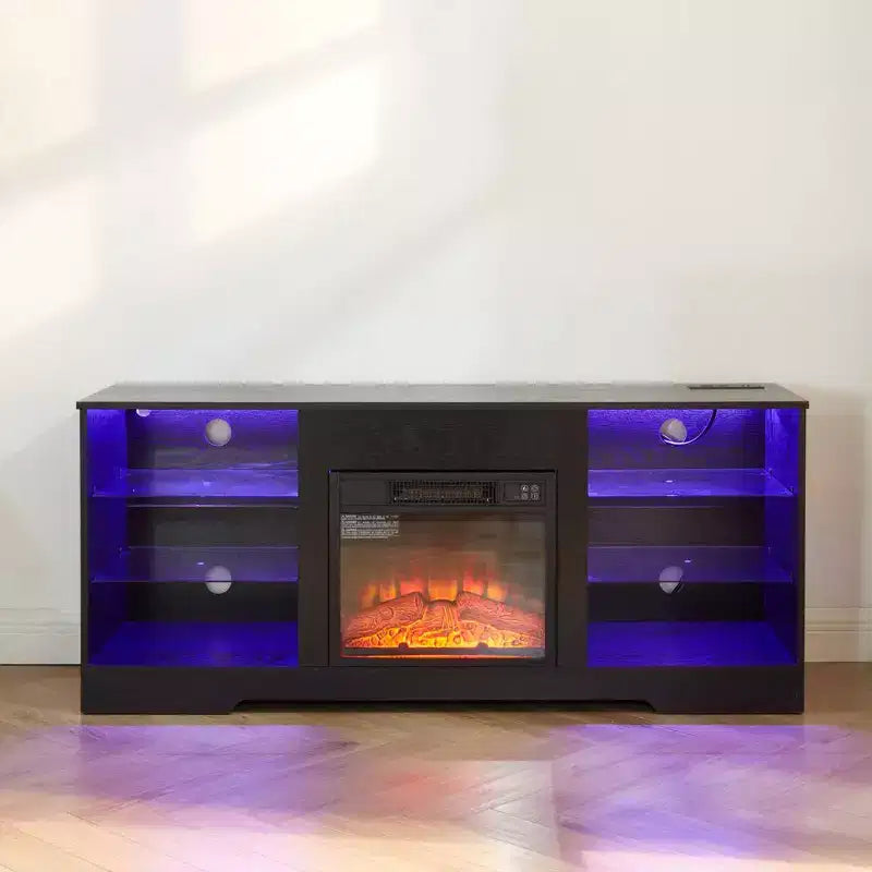 TV-Ständer mit 3D-Kamin und LED-Beleuchtung für Fernseher bis zu 60 Zoll, USB-Ladeanschluss und Glasablagen