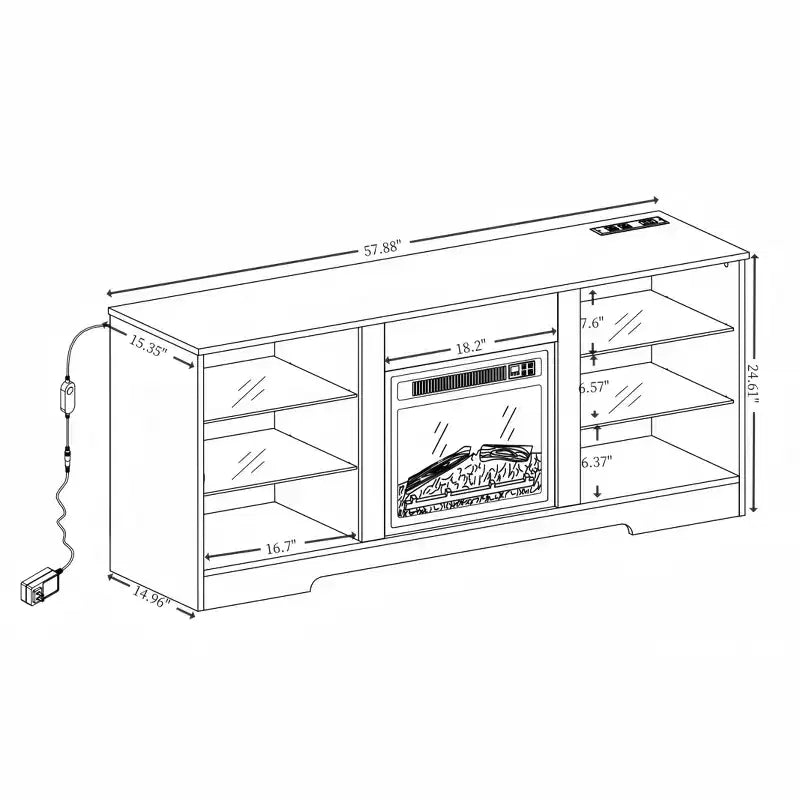 Mueble para TV con chimenea 3D y luces LED para televisores de hasta 60 pulgadas, toma de carga USB y estantes de vidrio