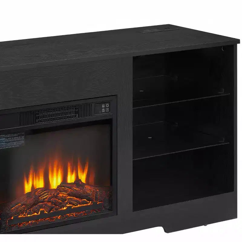 Mueble para TV con chimenea 3D y luces LED para televisores de hasta 60 pulgadas, toma de carga USB y estantes de vidrio