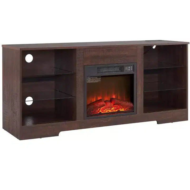 Mueble para TV con chimenea 3D y luces LED para televisores de hasta 60 pulgadas, toma de carga USB y estantes de vidrio