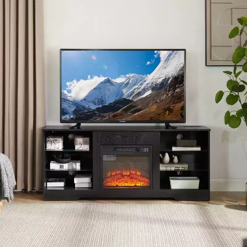 TV-Ständer mit 3D-Kamin und LED-Beleuchtung für Fernseher bis zu 60 Zoll, USB-Ladeanschluss und Glasablagen
