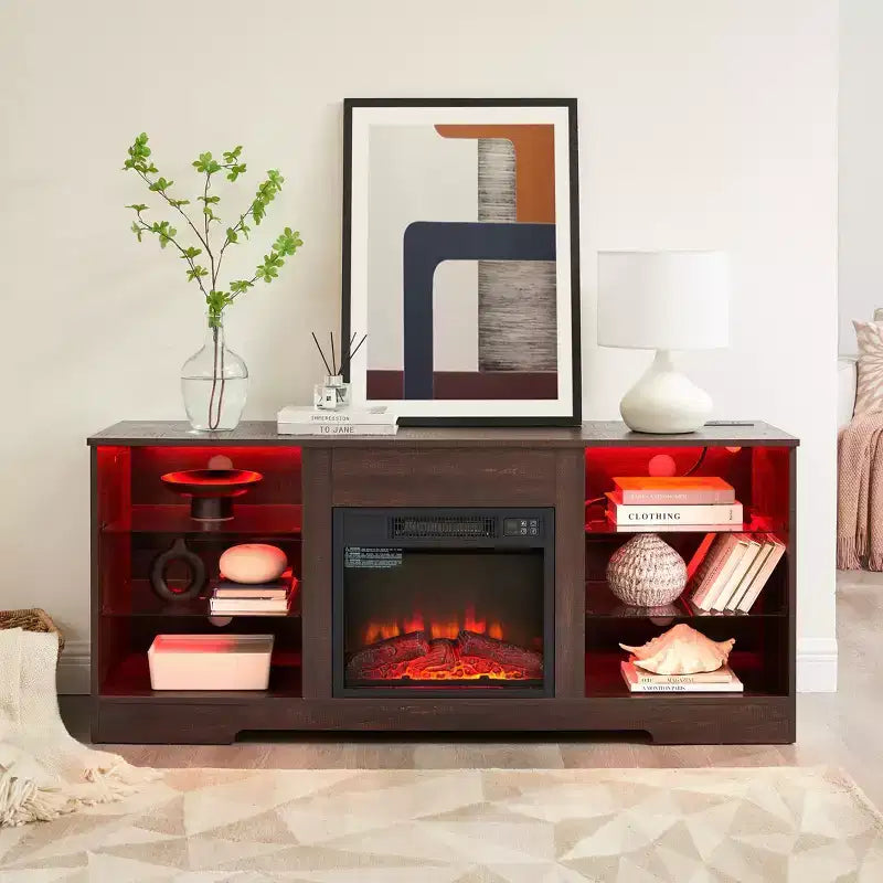 TV-Ständer mit 3D-Kamin und LED-Beleuchtung für Fernseher bis zu 60 Zoll, USB-Ladeanschluss und Glasablagen