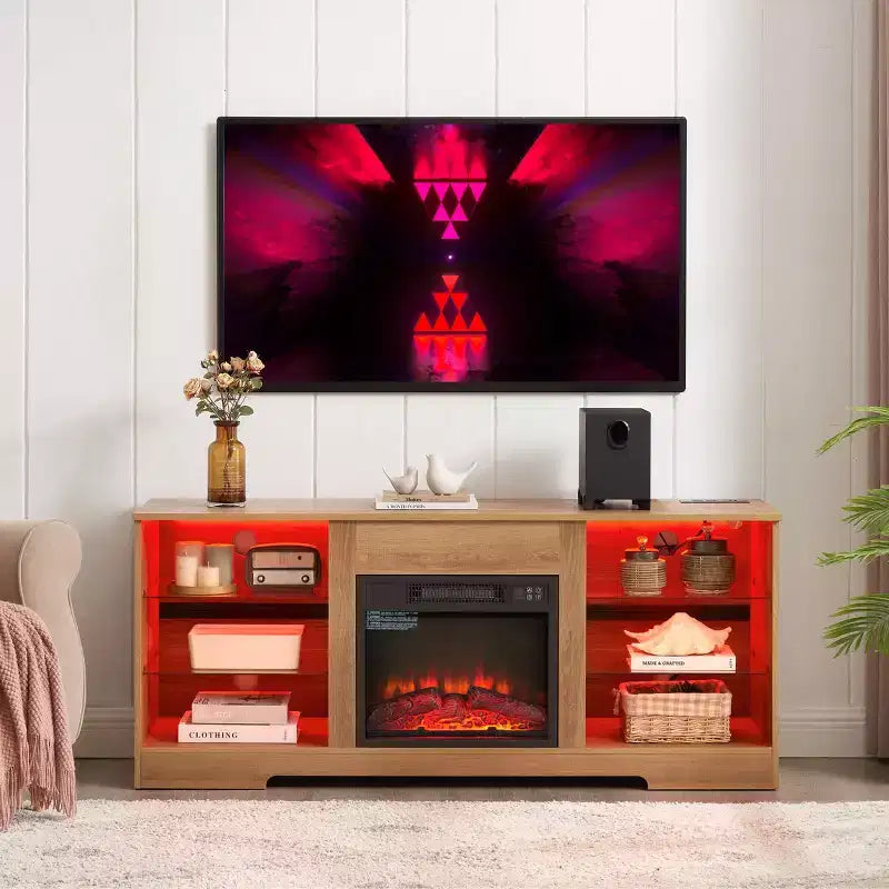 TV-Ständer mit 3D-Kamin und LED-Beleuchtung für Fernseher bis zu 60 Zoll, USB-Ladeanschluss und Glasablagen