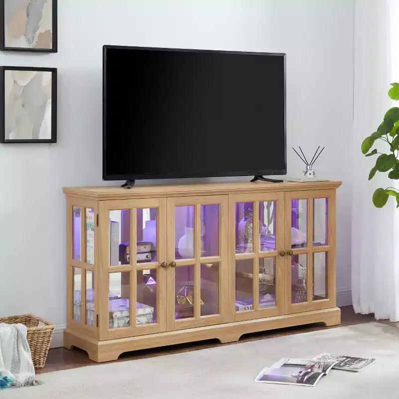Vitrinenschrank, beleuchteter Glasschrank mit 4 Glastüren und verstellbaren Einlegeböden, beleuchtete Vitrine mit LED-Lichtleiste, TV-Ständer
