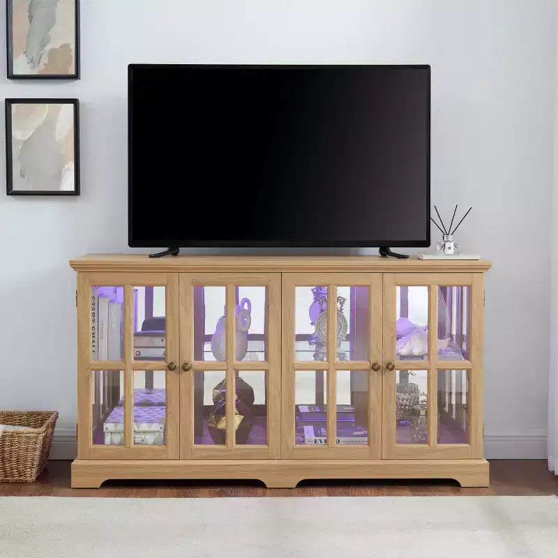 Vitrinenschrank, beleuchteter Glasschrank mit 4 Glastüren und verstellbaren Einlegeböden, beleuchtete Vitrine mit LED-Lichtleiste, TV-Ständer