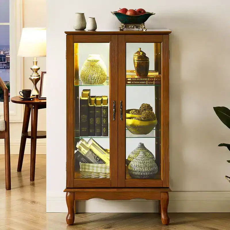 Vitrina de vidrio con estantes ajustables, puertas de vidrio templado y panel trasero con espejo, vitrina moderna para sala de estar o cocina
