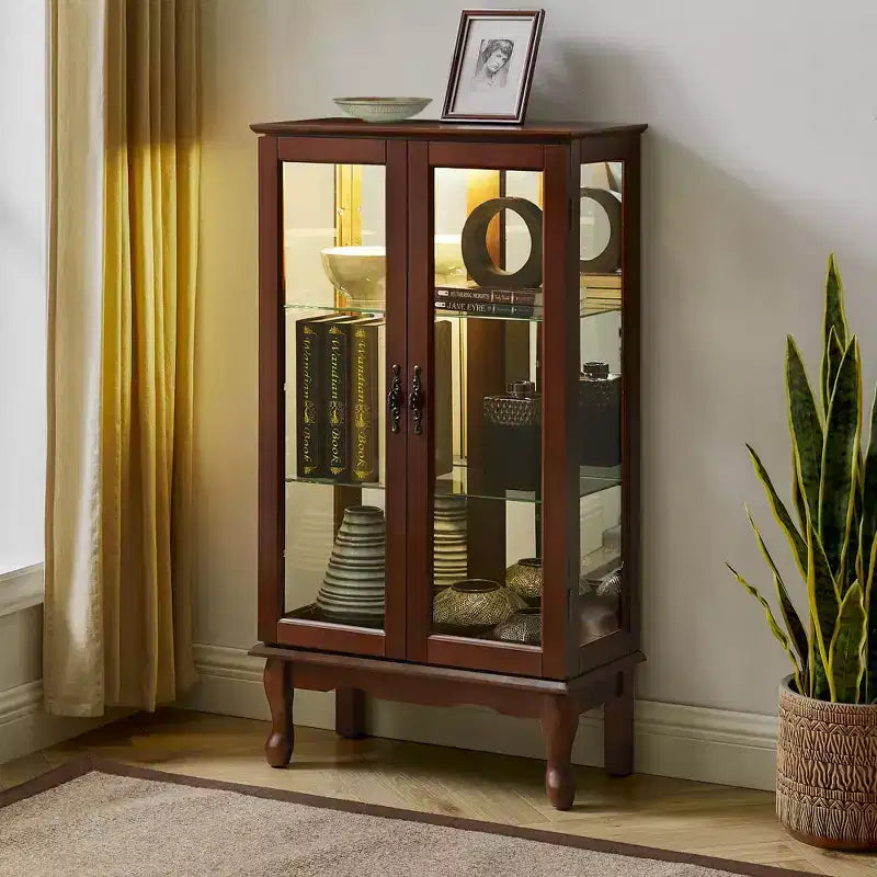 Vitrina de vidrio con estantes ajustables, puertas de vidrio templado y panel trasero con espejo, vitrina moderna para sala de estar o cocina