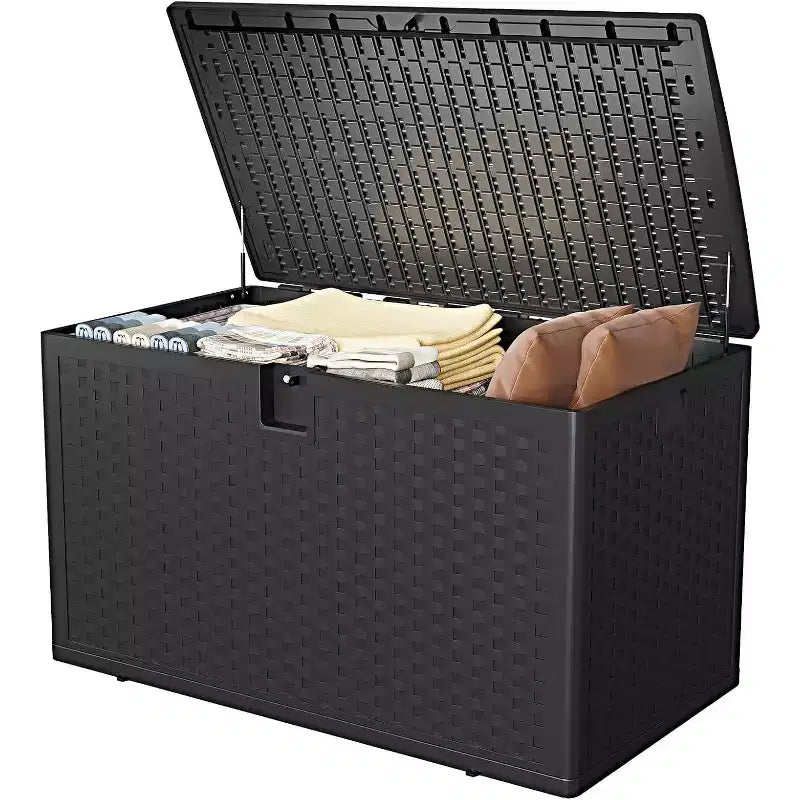 Outdoor-Aufbewahrungsbox mit 120 Gallonen Fassungsvermögen, abschließbare Terrassenbox, wasserdichter Organizer aus Kunstharz mit Rattanoptik für Garten und Hinterhof