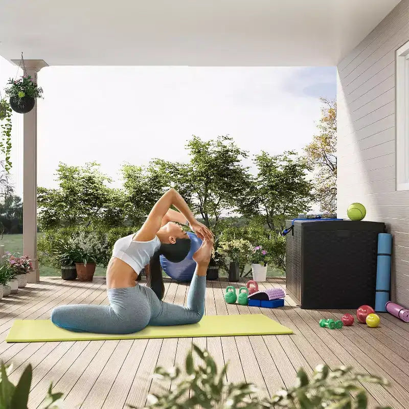 Outdoor-Aufbewahrungsbox mit 120 Gallonen Fassungsvermögen, abschließbare Terrassenbox, wasserdichter Organizer aus Kunstharz mit Rattanoptik für Garten und Hinterhof