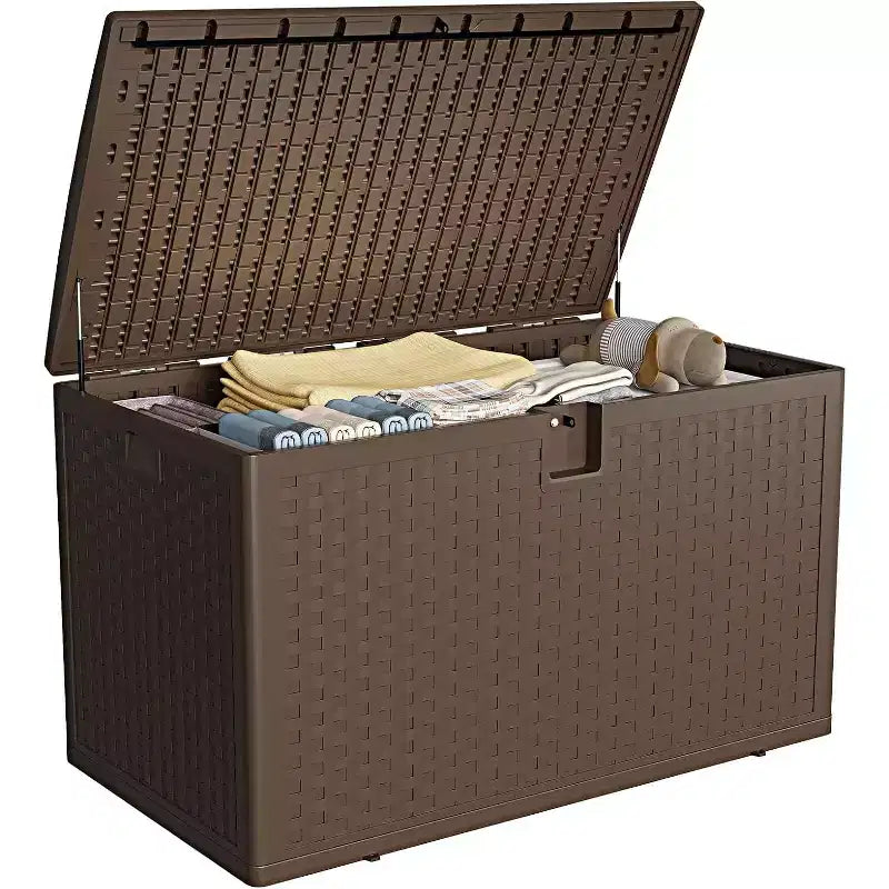 Caja de almacenamiento para exteriores de 120 galones, baúl de terraza con cerradura, organizador impermeable de resina para patio con acabado de ratán, para jardín y patio trasero