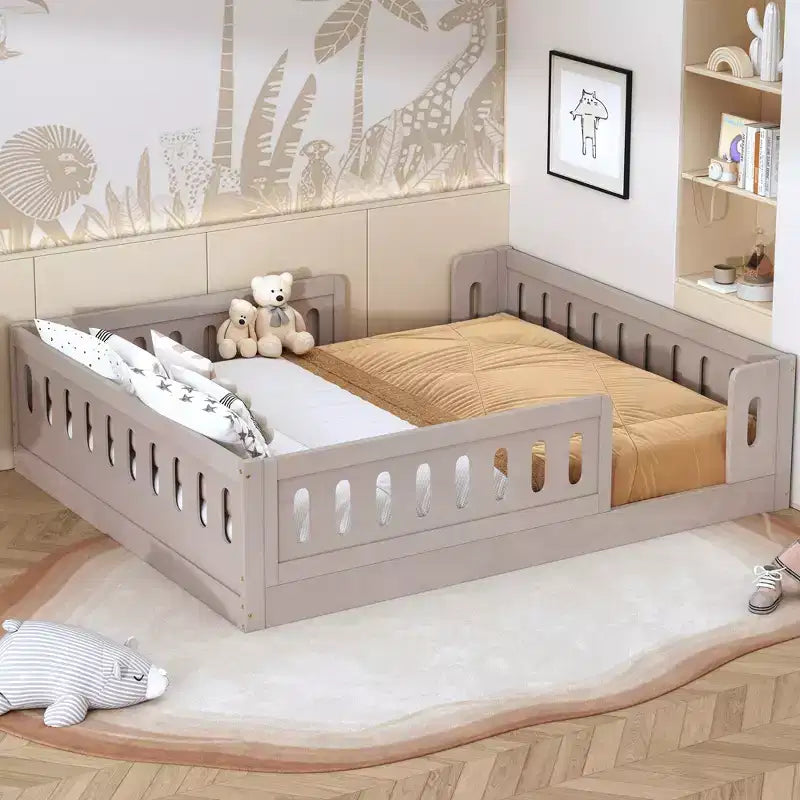 Bodenbett in Einzelbettgröße mit Umrandung, Montessori-Bett aus Holz mit Schutzgittern für Jungen und Mädchen