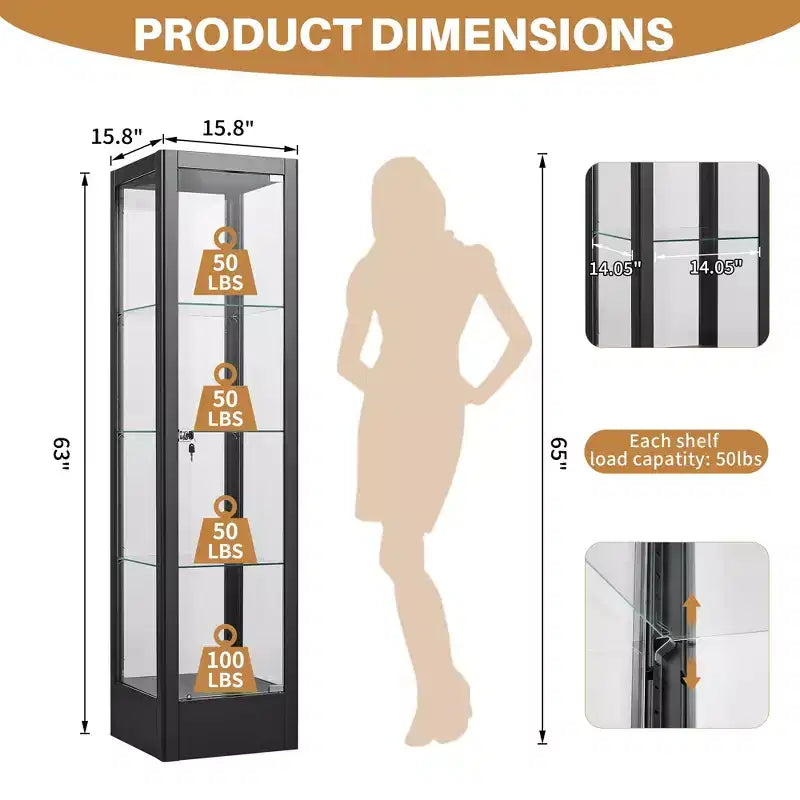 Vitrina de 4 niveles con puertas de vidrio y cerradura, vitrina de colección de 63 con puerta de vidrio templado y estantes ajustables