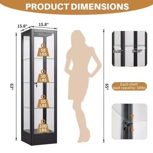 Vitrina de 4 niveles con puertas de vidrio y cerradura, vitrina de colección de 63 con puerta de vidrio templado y estantes ajustables