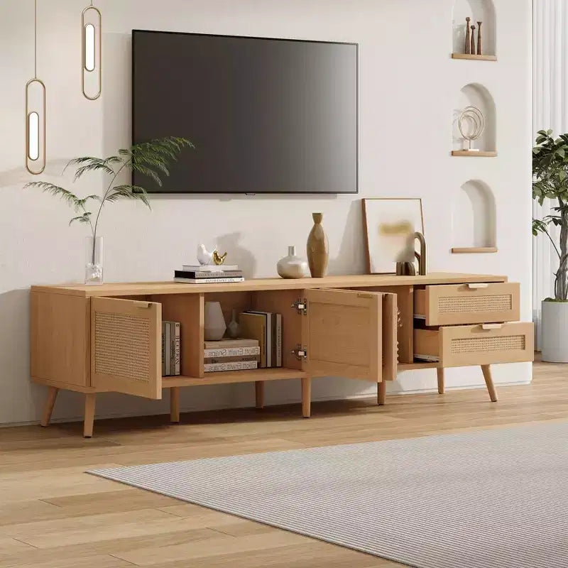 Mueble moderno para TV de hasta 80, centro de entretenimiento de madera de 70 con espacio de almacenamiento y 2 cajones, consola para sala de estar o dormitorio