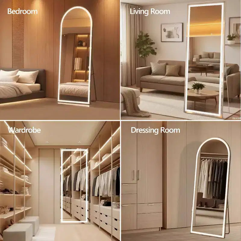 Espejo moderno de cuerpo entero con LED de 3 colores ajustables, espejo montado en la pared, de pie, colgante o apoyado, para sala de estar y dormitorio, negro