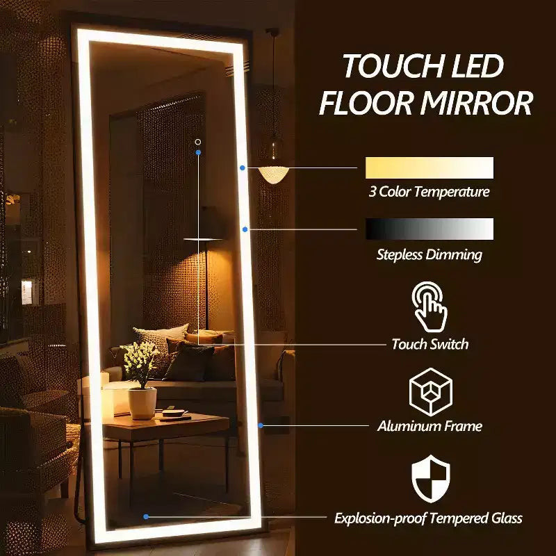 Espejo moderno de cuerpo entero con LED de 3 colores ajustables, espejo montado en la pared, de pie, colgante o apoyado, para sala de estar y dormitorio, negro