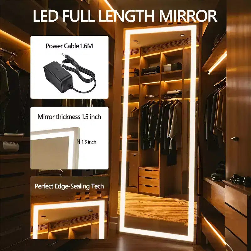 Espejo moderno de cuerpo entero con LED de 3 colores ajustables, espejo montado en la pared, de pie, colgante o apoyado, para sala de estar y dormitorio, negro