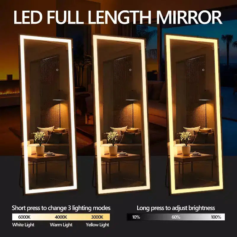 Espejo moderno de cuerpo entero con LED de 3 colores ajustables, espejo montado en la pared, de pie, colgante o apoyado, para sala de estar y dormitorio, negro