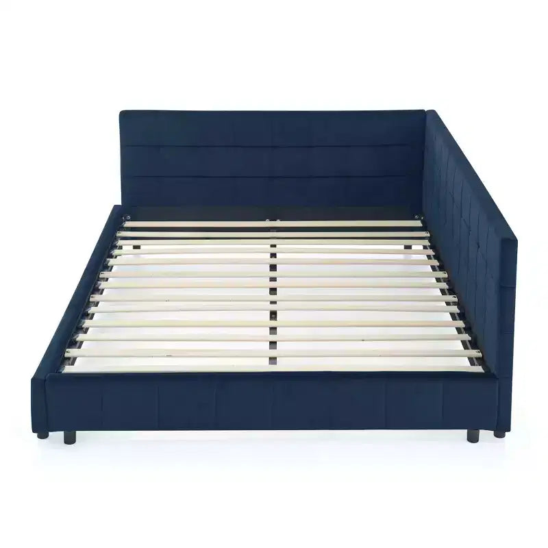 Gepolstertes Queensize-Bettgestell mit Knopfheftung, Rückenlehne und Armlehnen aus Samt fürs Schlafzimmer, Blau