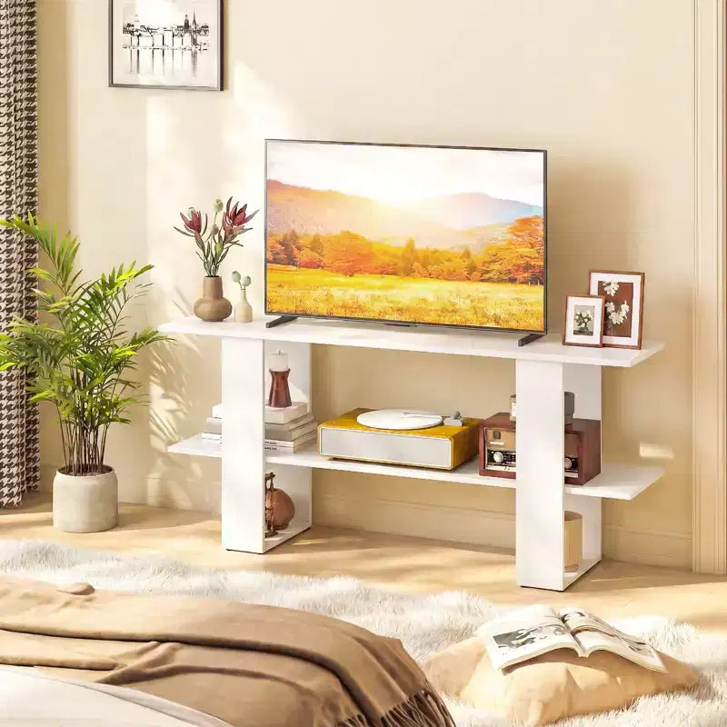 Meuble TV pour téléviseur jusqu’à 55 pouces, centre de divertissement avec étagère de rangement pour chambre, brun rustique/blanc