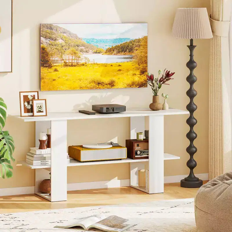 Meuble TV pour téléviseur jusqu’à 55 pouces, centre de divertissement avec étagère de rangement pour chambre, brun rustique/blanc