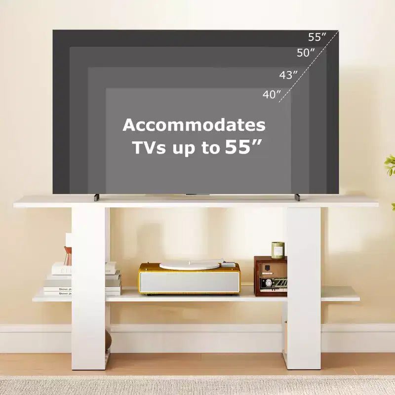 Meuble TV pour téléviseur jusqu’à 55 pouces, centre de divertissement avec étagère de rangement pour chambre, brun rustique/blanc