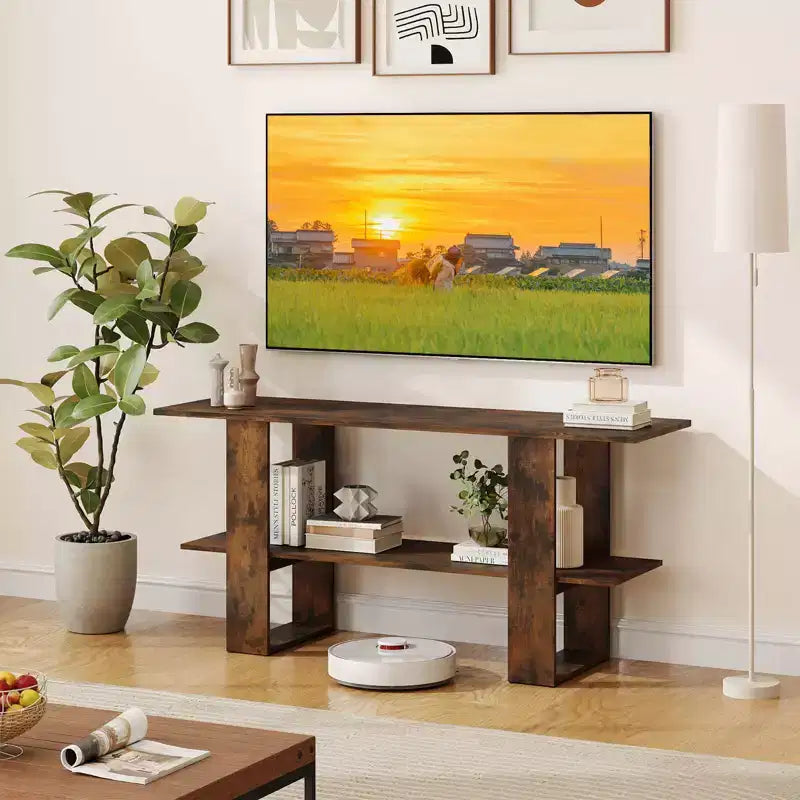 Meuble TV pour téléviseur jusqu’à 55 pouces, centre de divertissement avec étagère de rangement pour chambre, brun rustique/blanc