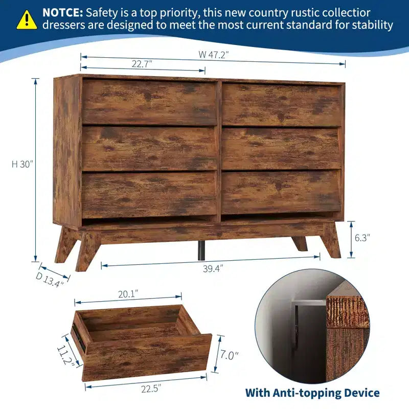 Commode de 47 de large à 6 tiroirs, meuble de rangement horizontal autoportant pour salon, chambre et entrée