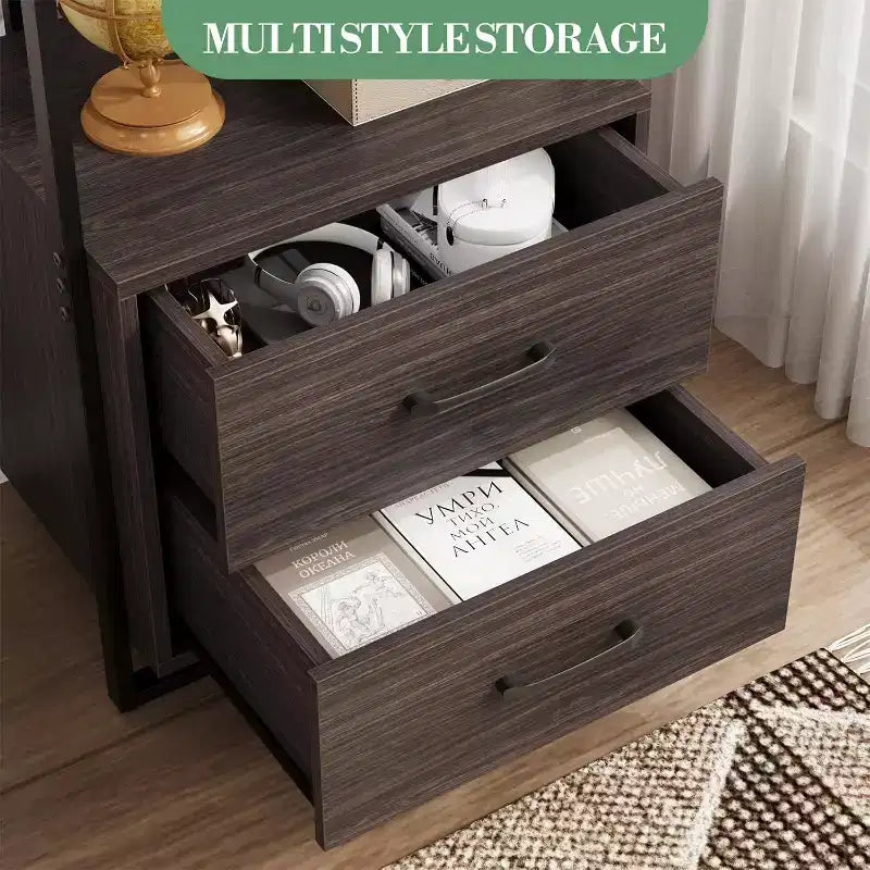 4-stufiges Bücherregal im Industrie-Stil, X-Konstruktion für mehr Stabilität, mit 2 Schubladen, ideal für Wohnzimmer, Schlafzimmer oder Büro