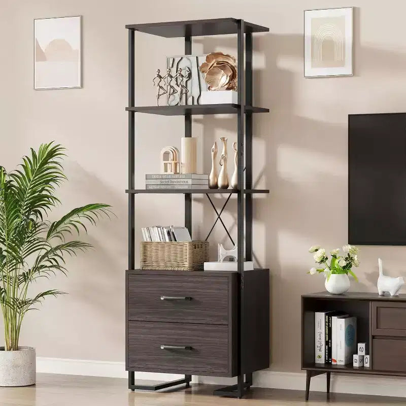4-stufiges Bücherregal im Industrie-Stil, X-Konstruktion für mehr Stabilität, mit 2 Schubladen, ideal für Wohnzimmer, Schlafzimmer oder Büro