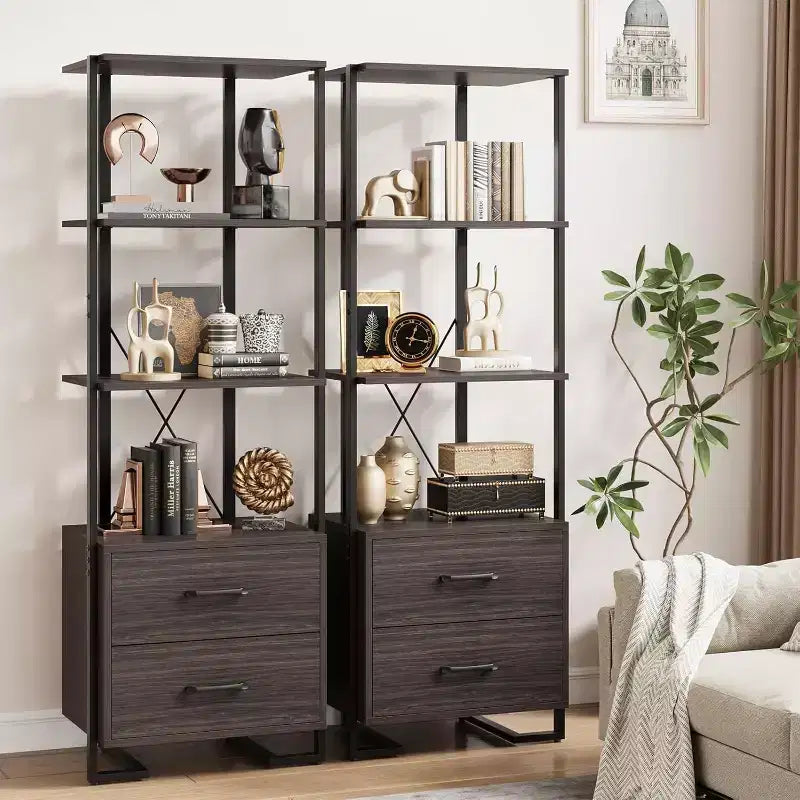 4-stufiges Bücherregal im Industrie-Stil, X-Konstruktion für mehr Stabilität, mit 2 Schubladen, ideal für Wohnzimmer, Schlafzimmer oder Büro