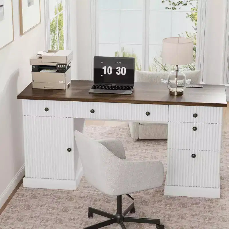 60 Schreibtisch fürs Homeoffice, geriffelter Büroschreibtisch mit Aktenschubladen, Holzcomputertisch mit Ladestation fürs Arbeitszimmer