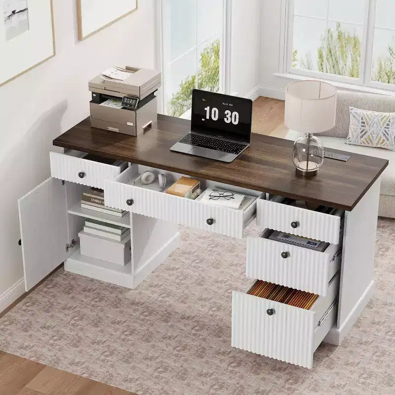 60 Schreibtisch fürs Homeoffice, geriffelter Büroschreibtisch mit Aktenschubladen, Holzcomputertisch mit Ladestation fürs Arbeitszimmer